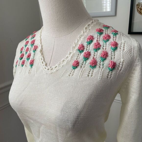 NWT NOS Vintage 70s Georgie Porgie Knit Sweater Embroidered Flowers XS - Picture 1 of 8